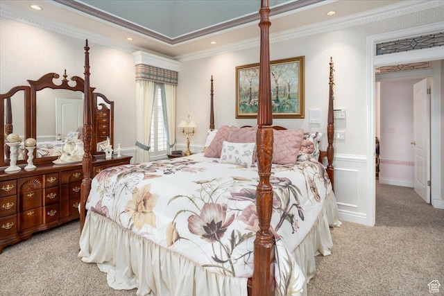 27 Canterbury Ln, Logan, UT 84321 - bedroom with light carpet, ornamental molding, wainscoting, and wallpapered walls