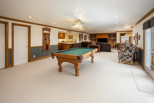 27 Canterbury Ln, Logan, UT 84321 - rec room featuring recessed lighting, wainscoting, carpet, billiards table, and a chandelier