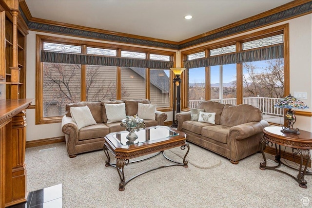27 Canterbury Ln, Logan, UT 84321 - living room featuring crown molding, a mountain view, and recessed lighting