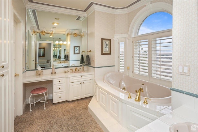 27 Canterbury Ln, Logan, UT 84321 - full bath featuring vanity, ornamental molding, wallpapered walls, a jetted tub, and a chandelier
