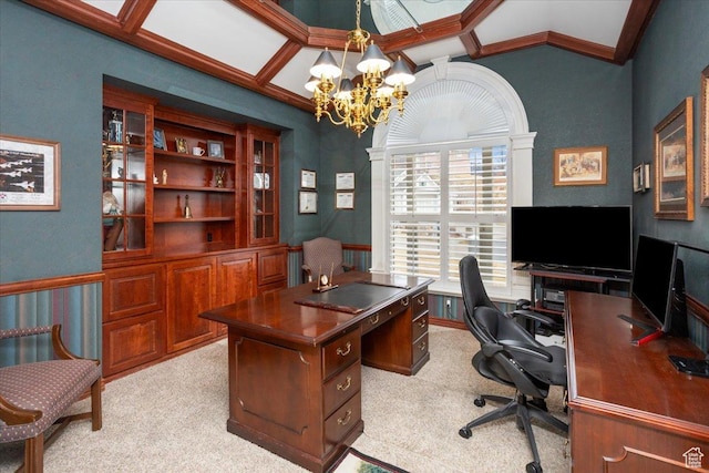 27 Canterbury Ln, Logan, UT 84321 - office space with light carpet, a chandelier, and coffered ceiling