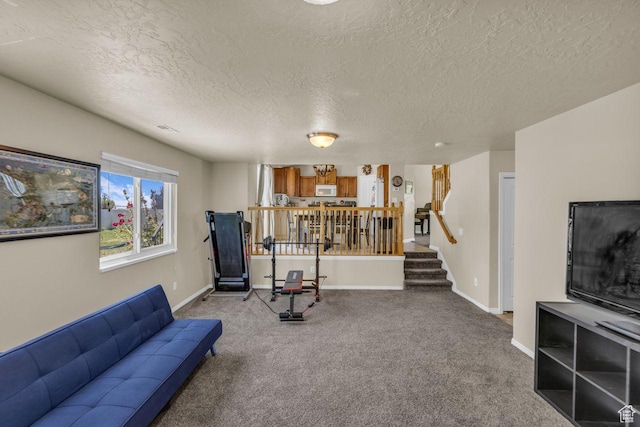 158 N Walton Ct W, North Salt Lake, UT 84054 - living room with a textured ceiling, carpet flooring, and stairway
