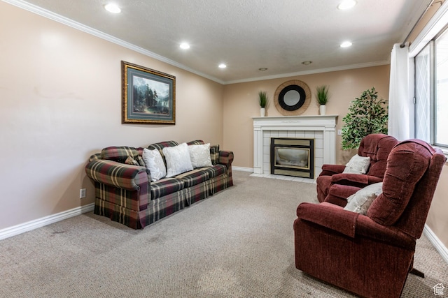 1844 Sorrento Dr, Woods Cross, UT 84087 - living area with carpet, recessed lighting, ornamental molding, and a fireplace