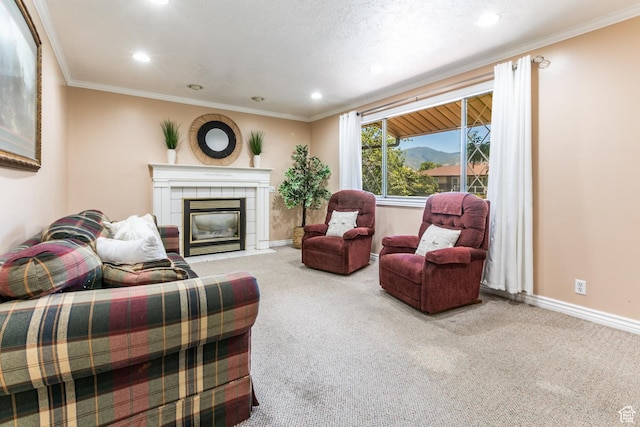 1844 Sorrento Dr, Woods Cross, UT 84087 - living area featuring carpet floors, a tile fireplace, recessed lighting, and crown molding