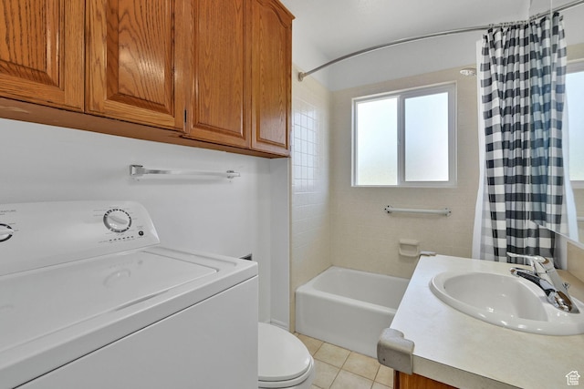 363 E Factory St, Garland, UT 84312 - bathroom featuring washer / clothes dryer, vanity, shower / bath combo with shower curtain, and tile patterned floors