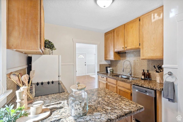 851 E Elm Ave, Salt Lake City, UT 84106 - kitchen with dishwasher, backsplash, dark stone counters, a textured ceiling, and black electric stovetop