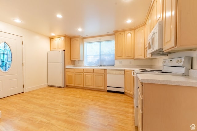 571 E Golden Pheasant Dr, Draper, UT 84020 - kitchen with white appliances, light brown cabinets, light wood-type flooring, and recessed lighting