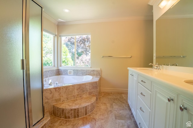 571 E Golden Pheasant Dr, Draper, UT 84020 - bathroom featuring a bath, ornamental molding, a stall shower, and double vanity