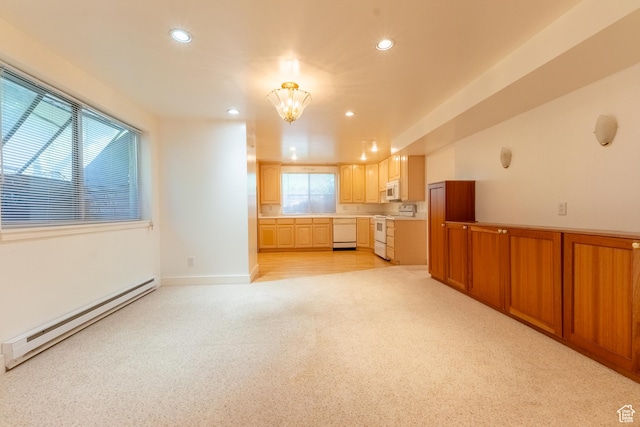 571 E Golden Pheasant Dr, Draper, UT 84020 - kitchen with white appliances, a baseboard radiator, light colored carpet, recessed lighting, and a chandelier