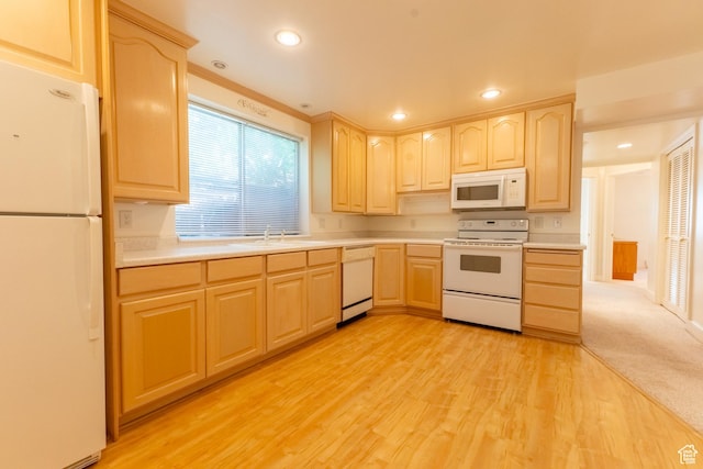 571 E Golden Pheasant Dr, Draper, UT 84020 - kitchen featuring white appliances, light brown cabinets, light countertops, recessed lighting, and light wood finished floors