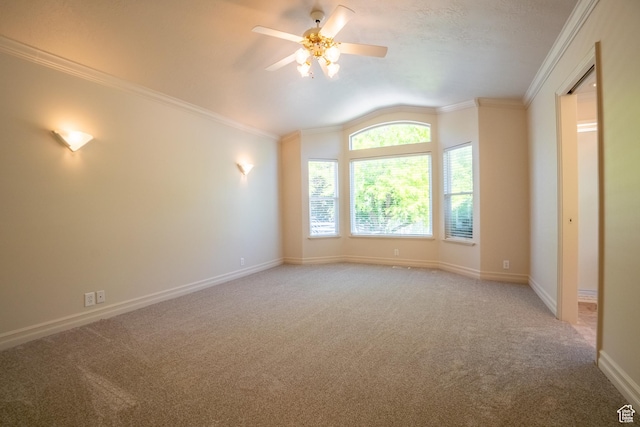 571 E Golden Pheasant Dr, Draper, UT 84020 - unfurnished room with vaulted ceiling, carpet flooring, a ceiling fan, and crown molding