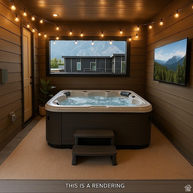 2009 E Beverly Dr S, Holladay, UT 84117 - miscellaneous room with a hot tub, wooden walls, and wood ceiling