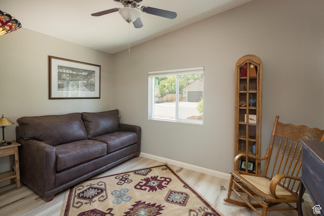 460 E Bowen Cir, Moab, UT 84532 - living room featuring light wood-type flooring, ceiling fan, and vaulted ceiling
