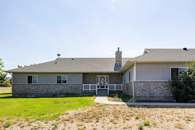 3787 E 1200 S, Heber City, UT 84032 - back of house with a porch, stone siding, a yard, and a chimney