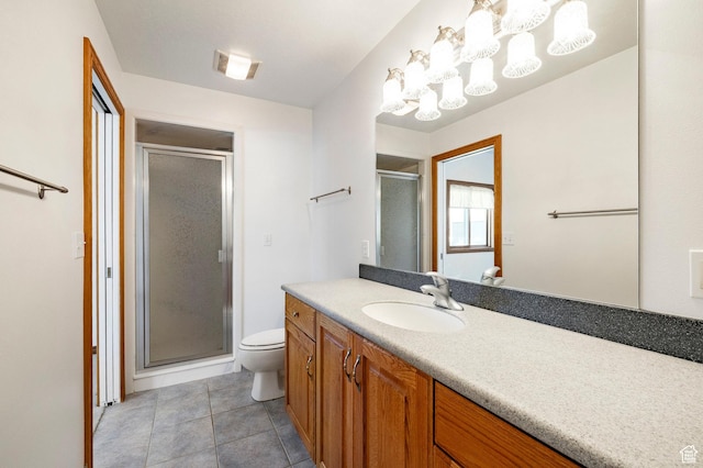 3787 E 1200 S, Heber City, UT 84032 - bathroom featuring a chandelier, vanity, a shower stall, and tile patterned floors