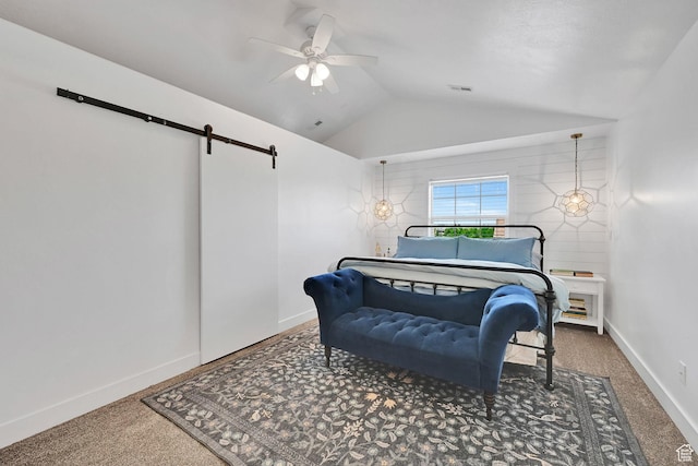 874 W Steeple Chase Dr, Kaysville, UT 84037 - carpeted bedroom with a barn door, vaulted ceiling, and a ceiling fan
