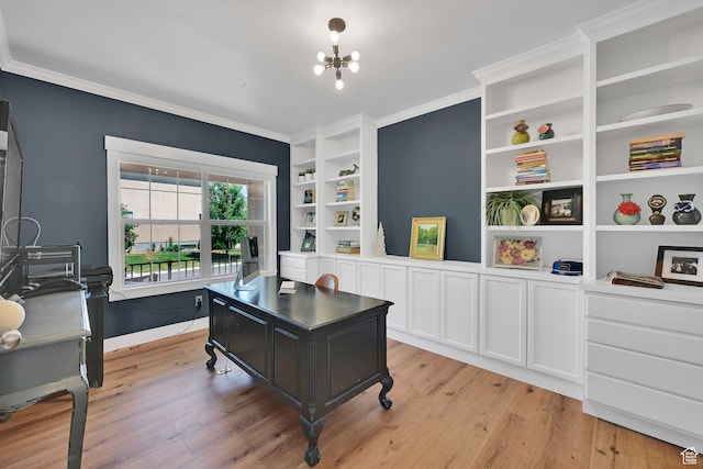 874 W Steeple Chase Dr, Kaysville, UT 84037 - office space featuring light wood-type flooring, built in shelves, crown molding, and a chandelier