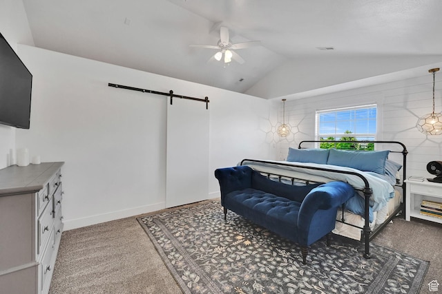 874 W Steeple Chase Dr, Kaysville, UT 84037 - bedroom featuring vaulted ceiling, a barn door, carpet, and ceiling fan