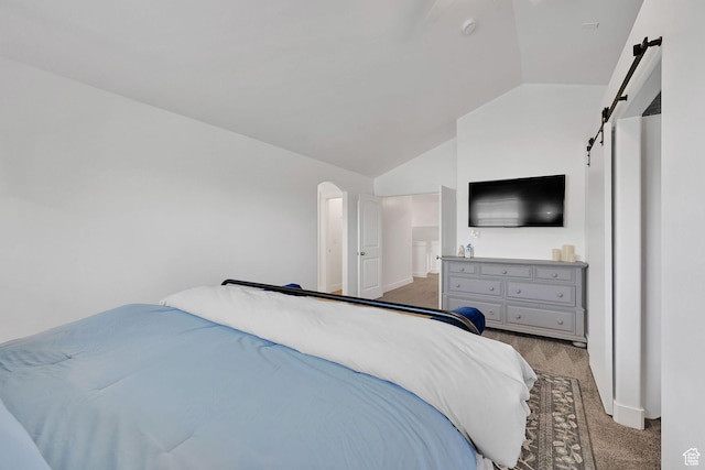 874 W Steeple Chase Dr, Kaysville, UT 84037 - bedroom with a barn door, carpet flooring, and lofted ceiling