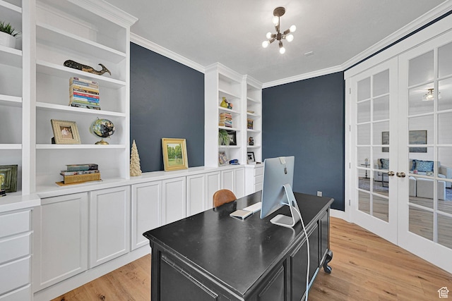 874 W Steeple Chase Dr, Kaysville, UT 84037 - office space featuring ornamental molding, french doors, light wood-style floors, a chandelier, and built in shelves