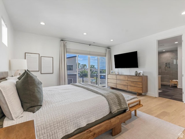 1783 E Bermondsey Ct, Holladay, UT 84117 - bedroom featuring wood finished floors, access to exterior, recessed lighting, and ensuite bath