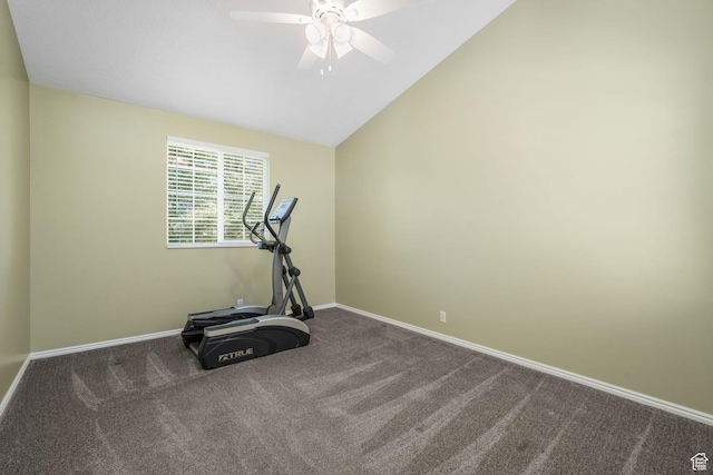 823 Creek Ln, Farmington, UT 84025 - workout room featuring ceiling fan, carpet flooring, and vaulted ceiling