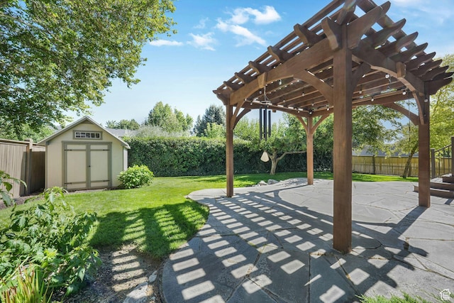 823 Creek Ln, Farmington, UT 84025 - fenced backyard featuring a shed, a pergola, and a patio