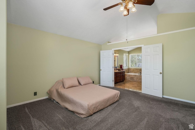 823 Creek Ln, Farmington, UT 84025 - bedroom featuring lofted ceiling, dark carpet, ensuite bath, and ceiling fan