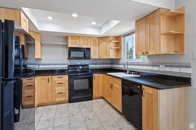 3221 W 6920 S, West Jordan, UT 84084 - kitchen with open shelves, black appliances, light brown cabinetry, a tray ceiling, and backsplash