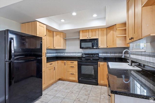 3221 W 6920 S, West Jordan, UT 84084 - kitchen featuring black appliances, light brown cabinets, open shelves, a raised ceiling, and recessed lighting