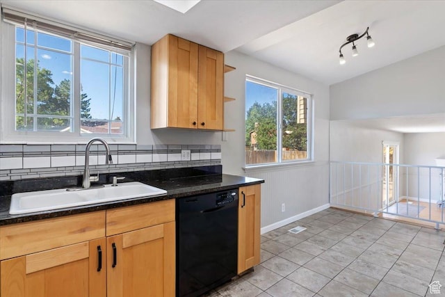 3221 W 6920 S, West Jordan, UT 84084 - kitchen featuring black dishwasher, light tile patterned flooring, light brown cabinets, and tasteful backsplash