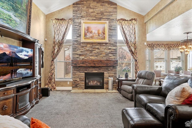 3695 S 3525 W, West Haven, UT 84401 - carpeted living room featuring high vaulted ceiling, plenty of natural light, a stone fireplace, and a chandelier