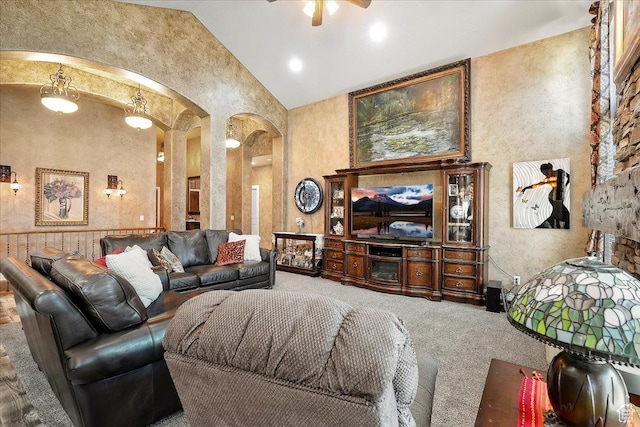 3695 S 3525 W, West Haven, UT 84401 - carpeted living room with arched walkways, vaulted ceiling, and ceiling fan