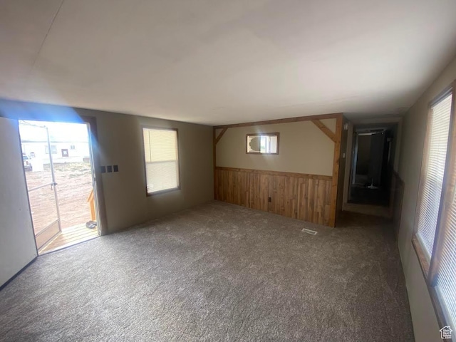 313 E 800 N, Duchesne, UT 84021 - unfurnished living room featuring carpet flooring, wooden walls, and a wainscoted wall
