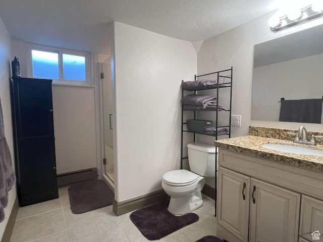 663 E 485 S, Orem, UT 84097 - bathroom with baseboard heating, vanity, a stall shower, and tile patterned floors