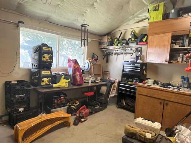 663 E 485 S, Orem, UT 84097 - kitchen with unfinished concrete floors, open shelves, lofted ceiling, and brown cabinets