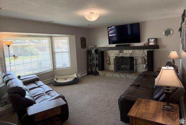 663 E 485 S, Orem, UT 84097 - living area featuring carpet flooring, a baseboard radiator, and a fireplace