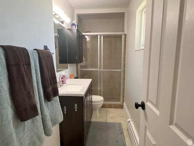 663 E 485 S, Orem, UT 84097 - full bath featuring tile patterned floors, vanity, a shower stall, and baseboard heating