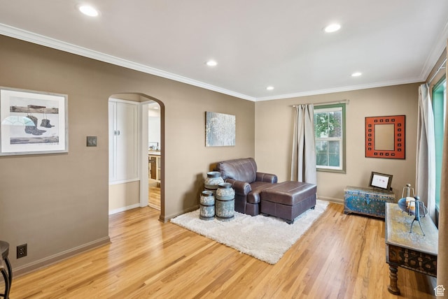 145 S 300 E, Kaysville, UT 84037 - living room with arched walkways, light wood-style flooring, crown molding, and recessed lighting
