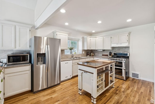 145 S 300 E, Kaysville, UT 84037 - kitchen featuring appliances with stainless steel finishes, under cabinet range hood, backsplash, white cabinets, and recessed lighting
