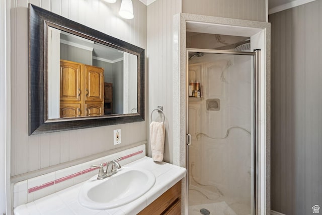 145 S 300 E, Kaysville, UT 84037 - bathroom with crown molding, vanity, and a shower stall