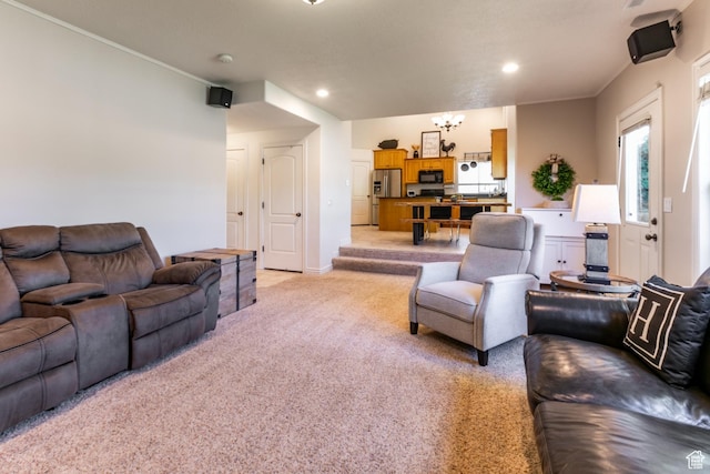 2343 E 1580 S, Spanish Fork, UT 84660 - living room with light carpet, recessed lighting, a chandelier, and ornamental molding