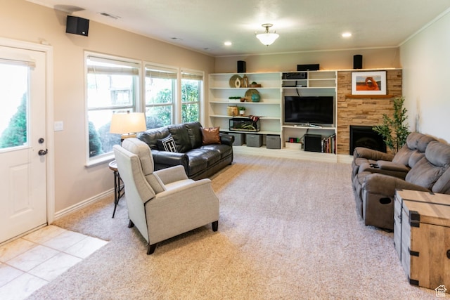 2343 E 1580 S, Spanish Fork, UT 84660 - living area with carpet, crown molding, recessed lighting, and a stone fireplace