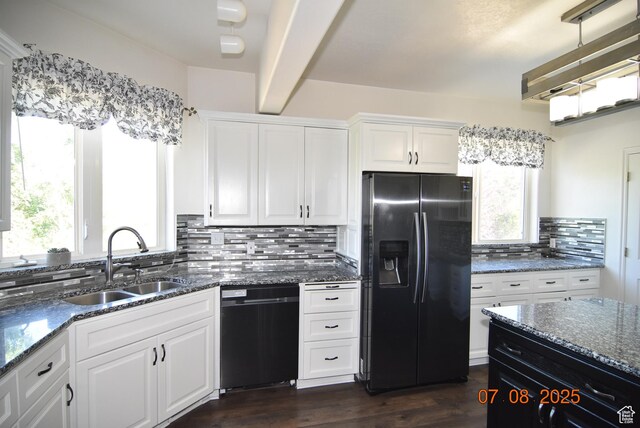 107 W High Sierra Dr, Elk Ridge, UT 84651 - kitchen featuring refrigerator with ice dispenser, dishwasher, plenty of natural light, tasteful backsplash, and beamed ceiling