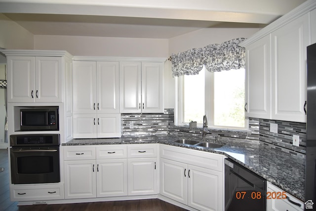 107 W High Sierra Dr, Elk Ridge, UT 84651 - kitchen featuring black appliances, white cabinets, tasteful backsplash, and dark stone counters