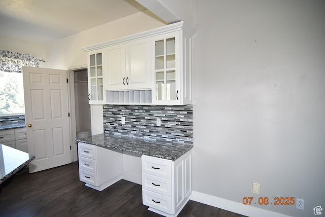 107 W High Sierra Dr, Elk Ridge, UT 84651 - kitchen featuring tasteful backsplash, white cabinetry, dark wood finished floors, glass insert cabinets, and dark stone countertops