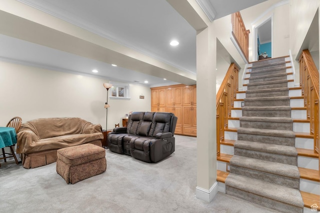 3558 S Chippewa Rd, West Valley City, UT 84120 - living room with light carpet, stairs, recessed lighting, and crown molding