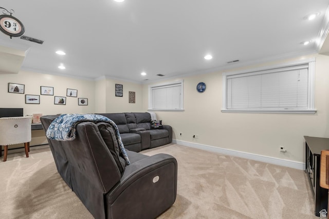 3558 S Chippewa Rd, West Valley City, UT 84120 - living area featuring light carpet, ornamental molding, and recessed lighting
