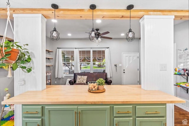 555 E 400 N, Springville, UT 84663 - kitchen featuring butcher block counters, green cabinets, a ceiling fan, recessed lighting, and hanging light fixtures