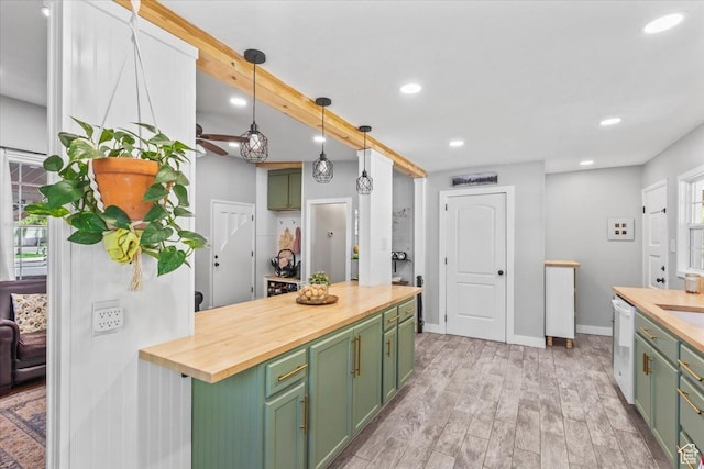 555 E 400 N, Springville, UT 84663 - kitchen with green cabinetry, wood counters, white dishwasher, and recessed lighting